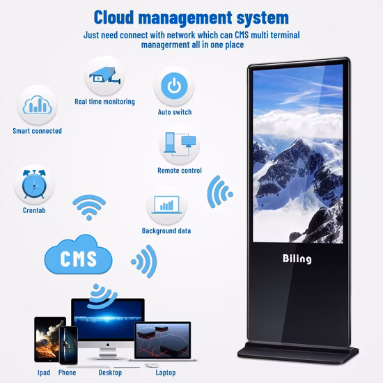 Supporto da pavimento TFT interattivo 4K 43 55 Totem da 65 pollici Display pubblicitario retroilluminato a LED Pannello segnaletica digitale capacitivo Schermo chiosco informazioni TV LCD Touch screen